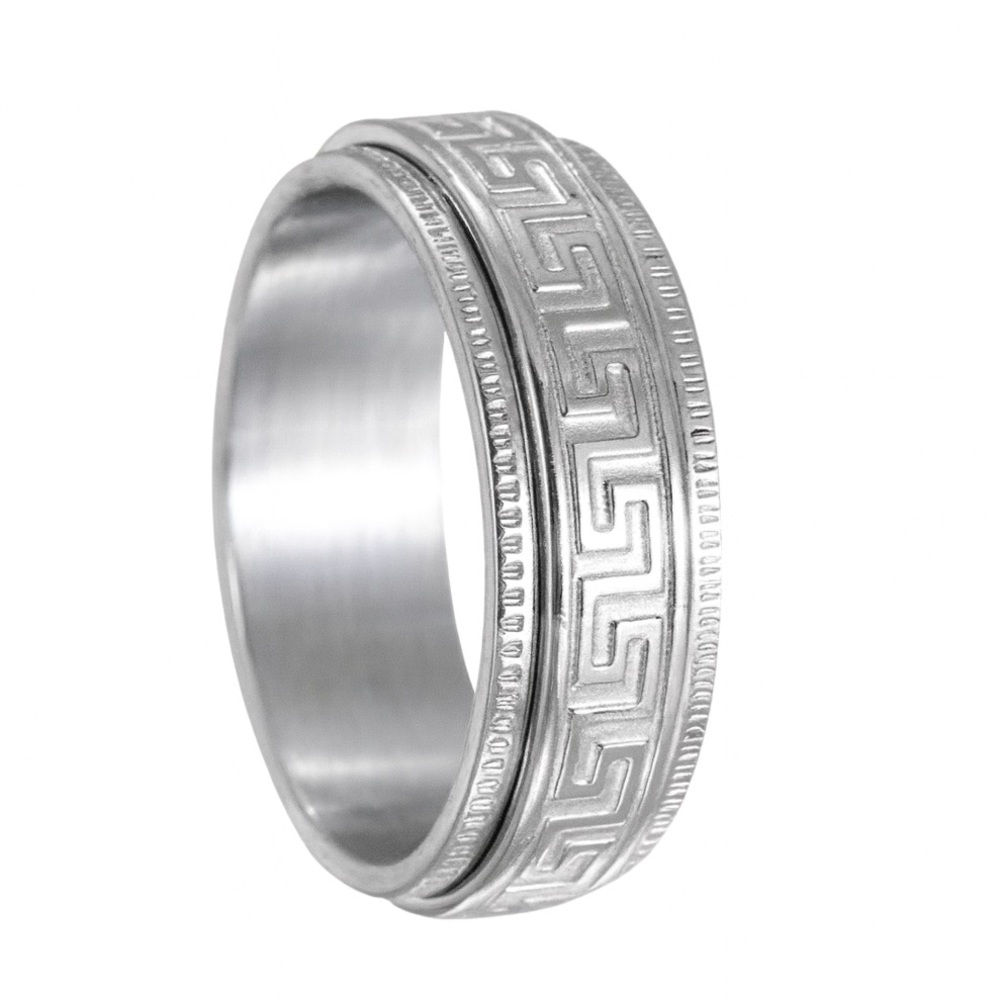 Stainless Steel Greek Key Spinner Ring Fidget Band Brushed Stainless Steel